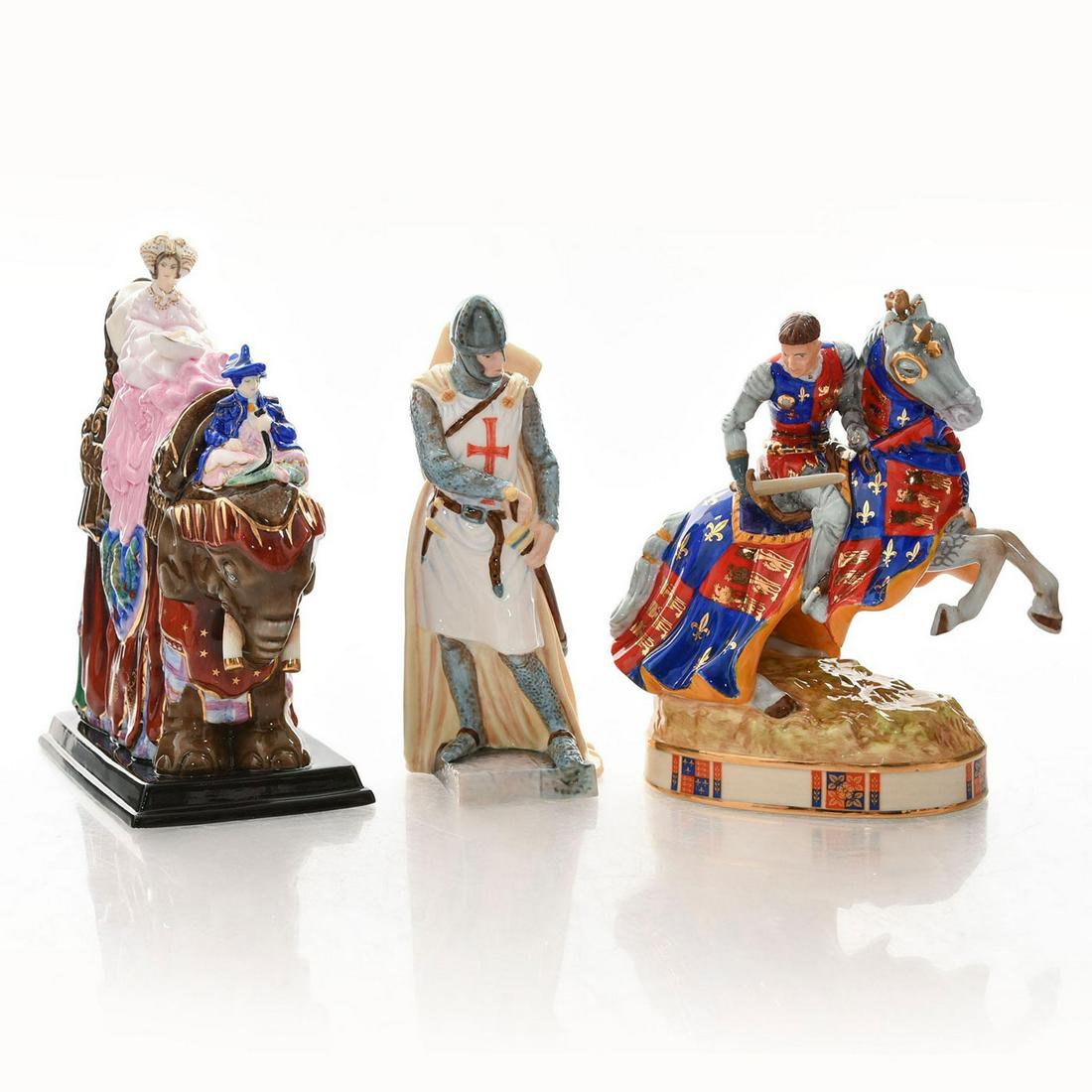 3 ROYAL DOULTON FIGURINES, HENRY V, BADOURA, KNIGHT: Stamped Royal Doulton on bottom. Knight of the Crusade HN5657, Henry V at Agincourt HN5656, Princess Badoura HN5651. Issued: 20th c. Dimensions: 10.5"L, largest Manufacturer: Royal Doulton Country of