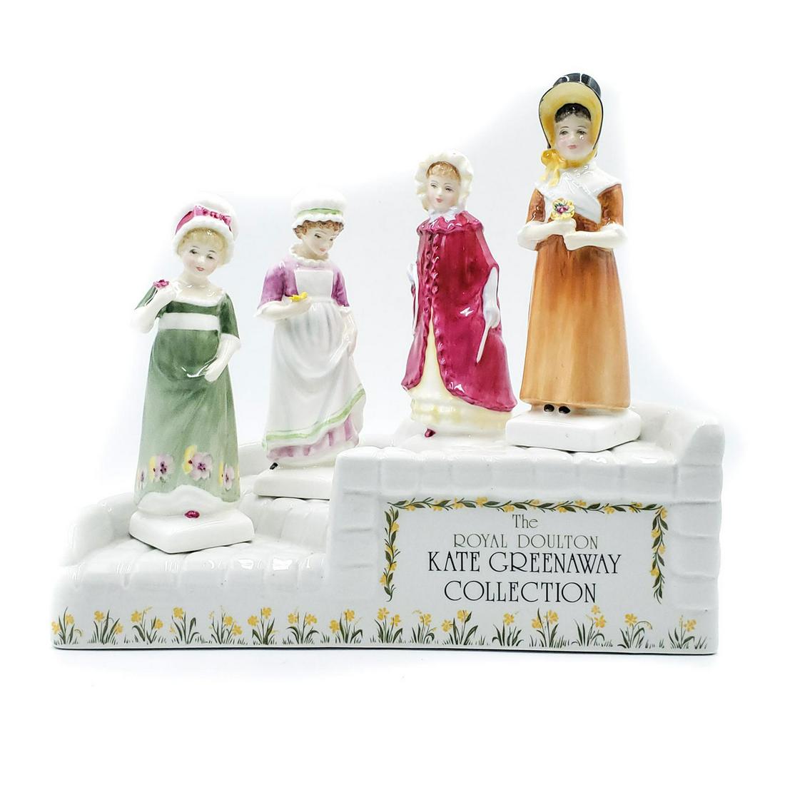 4 ROYAL DOULTON KATE GREENAWAY COLLECTION FIGURES, BASE: Georgina HN2377, Ruth HN2799, Louise HN2869, Beth HN2870; base. A group of four Royal Doulton child figurines designed by Peggy Davies, based on characters by Kate Greenaway, one of the most popular V