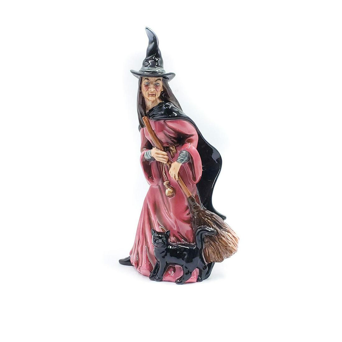 ROYAL DOULTON FIGURINE, THE WITCH HN4444: Hand decorated. Black cat, broom, Halloween motifs. Backstamp. A large Royal Doulton figurine, The Witch, Style Two, modeled by the late Alan Maslankowski. Glazed with magenta, brown, black, gray and 