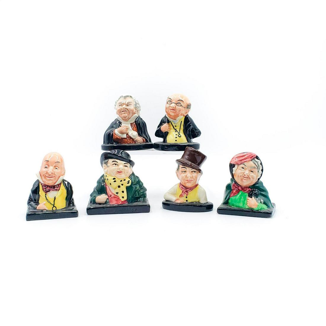 6 MINIATURE ROYAL DOULTON FIGURINES, DICKENS SERIES: M41, M42, M46, M47, M48, M53. Stamped on underside. Artist: L. Harradine Issued: 20th. c. Dimensions: 2.5"H, tallest Manufacturer: Royal Doulton Country of Origin: England