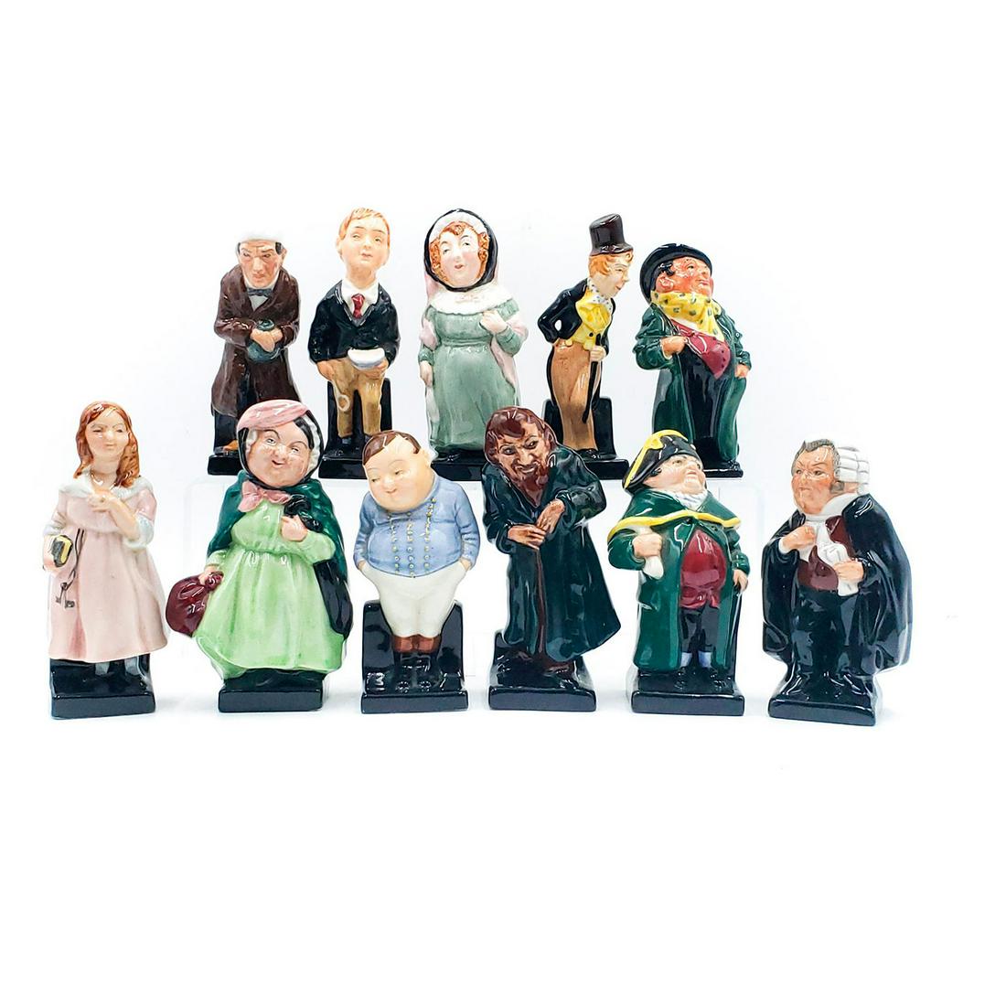 11 ROYAL DOULTON MINIATURE FIGURINES, DICKENS SERIES: Classic characters from Dickens novels. Buz Fuz M53, Bumble M76, Fagin M49, Sairey Gamp M46, Fat Boy M44, Little Nell M51, Scrooge M87, Oliver Twist M89, Tony Weller M47, Dick Swiveller M90, Mrs. Bard
