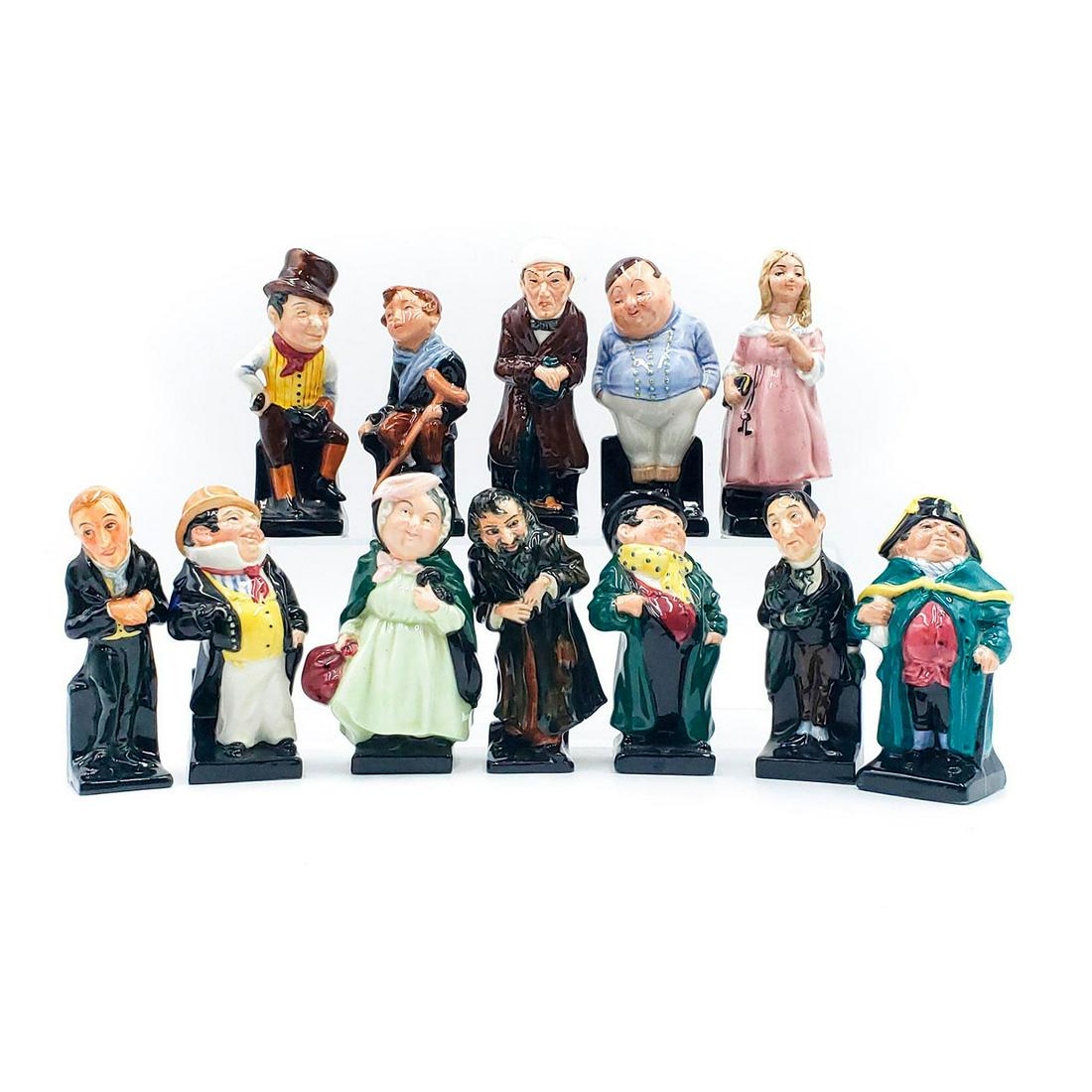 12 ROYAL DOULTON MINIATURE FIGURINES, DICKENS SERIES: Classic characters from Dickens novels. Fagin M49, Tony Weller M47, Sairey Gamp M46, Bumble M76, Captain Cuttle M77, Sam Weller M48, Uriah Heep M45, Stiggins M50, Fat Boy M44, Tiny Tim M56, Scrooge M8