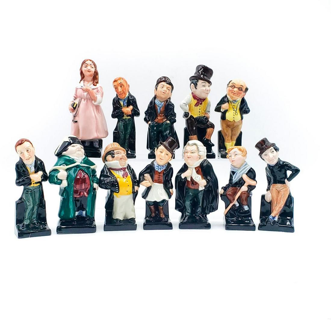 12 ROYAL DOULTON MINIATURE FIGURINES, DICKENS SERIES: Classic characters from Dickens novels. 2 Uriah Heep M45, Bumble M76, Captain Cuttle M77, Buz Fuz M53, Trotty Veck M91, Tiny Tim M56, Artful Dodger M55, Jingle, Sam Weller M48, Little Nell M51, Mr. Pi