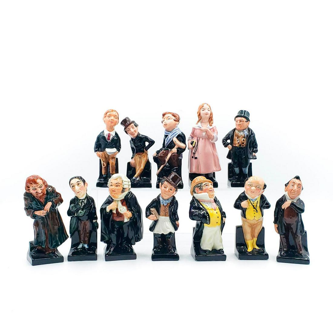 12 ROYAL DOULTON MINIATURE FIGURINES, DICKENS SERIES: Classic characters from Dickens novels. Fagin M49, Stiggins M50, Pecksniff M43, Buz Fuz M53, Trotty Veck M91, Captain Cuttle M77, Pickwick M41, Little Nell M51, Jingle, Bill Sikes M54, Oliver Twist M8