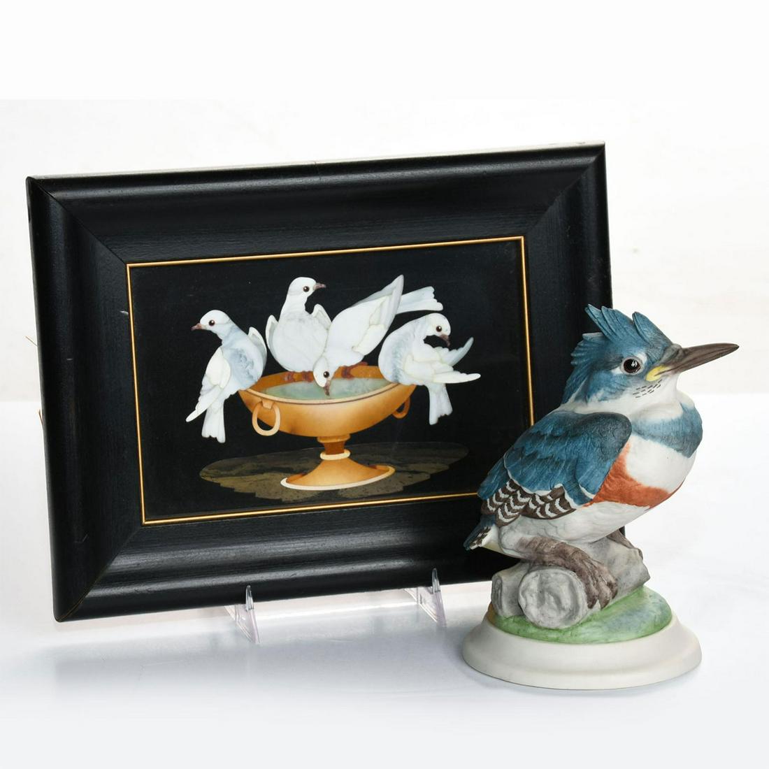 BOEHM FLEDGLING KINGFISHER BIRD FIGURE & FRAMED MARBLE: Budri inlaid marble pictorial in frame; Bisque porcelain figure. Figure is marked BOEHM to bottom. The finely inlaid budri Italian marbleÂ plaque features 4 birds at play around a bather bath, and i