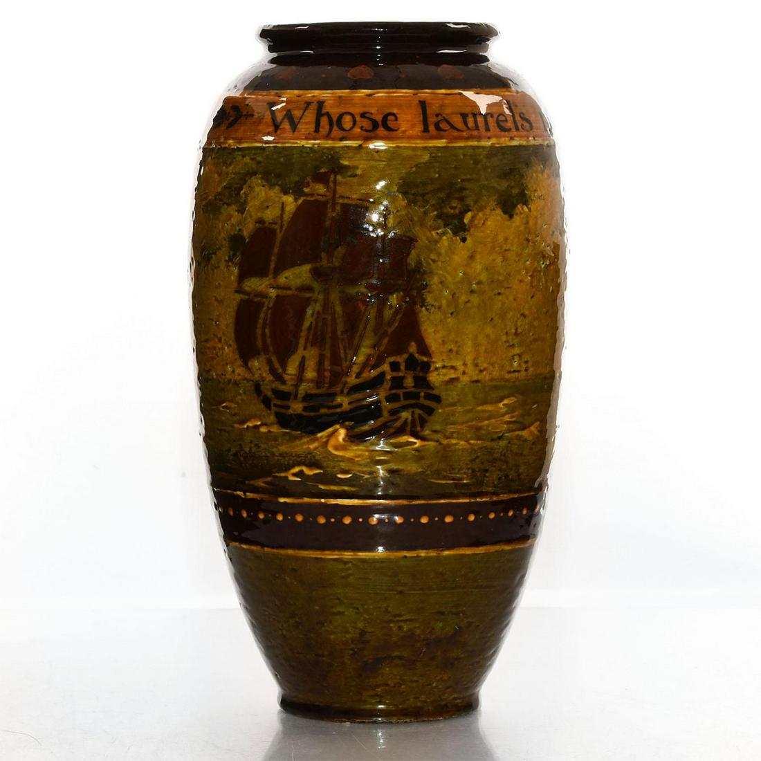 ROYAL DOULTON REMBRANDT WARE VASE, ENGLISH WAR SHIPS: Glazed stoneware in the style of Old Masters. Marked DOULTON. An exquisite Art Nouveau Royal Doulton Rembrandt Ware vase, with central raised decorations of three sailing ships, modeled after English