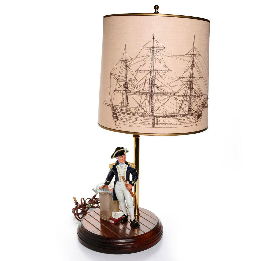 ROYAL DOULTON THE CAPTAIN LAMP, WITH FIGURINE, HN2260: Lamp shade has ships design named Plan No. 7. Artist: M. Nicoll Issued: 20th c. Dimensions: 26"H Manufacturer: Royal Doulton Country of Origin: England