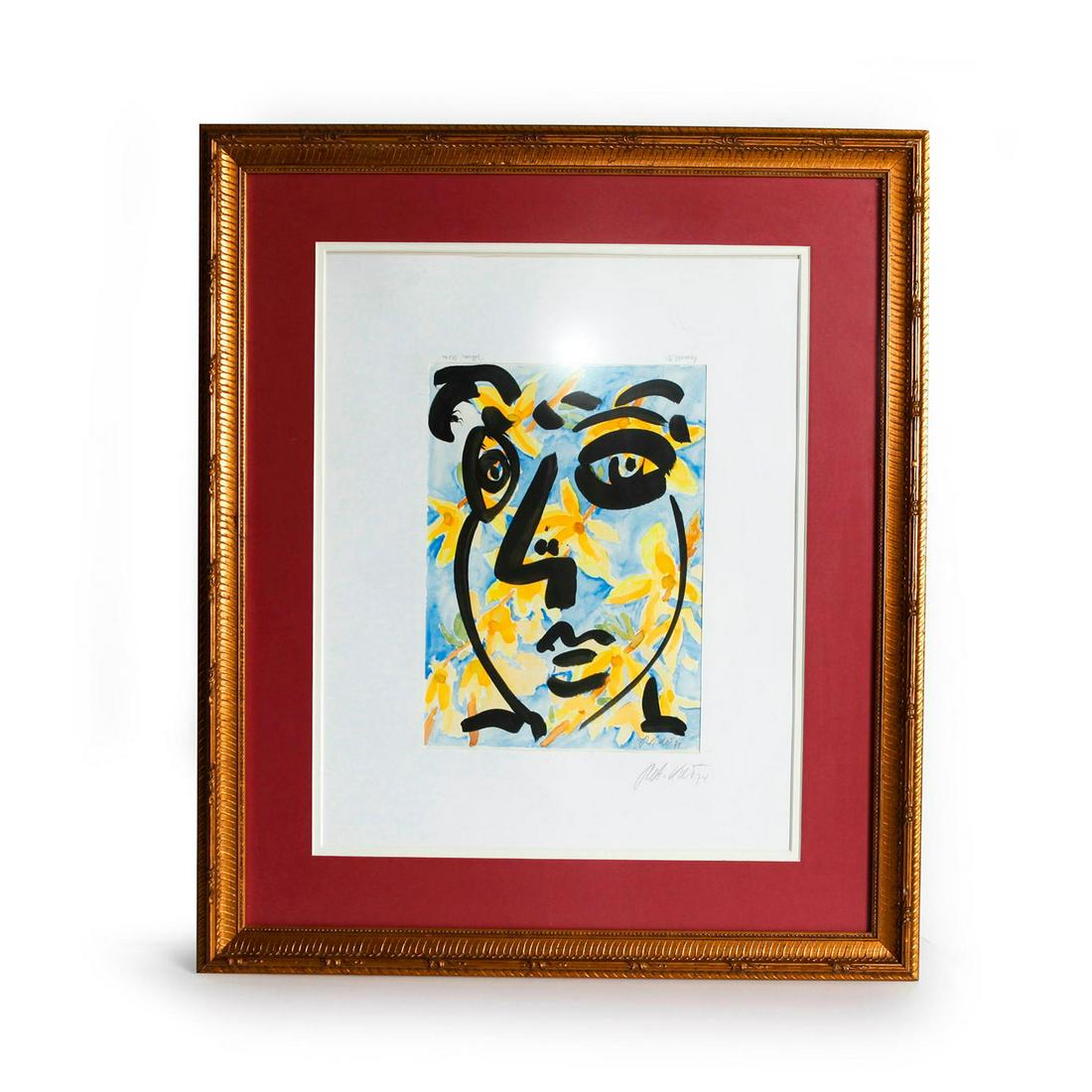 PETER KEIL WATERCOLOR PAINTING: German neo-expressionist style portrait. One of Germany's best contemporary painters, Peter Robert Keils dynamic shapes and impressive choice of colors are particularly popular with two generations of