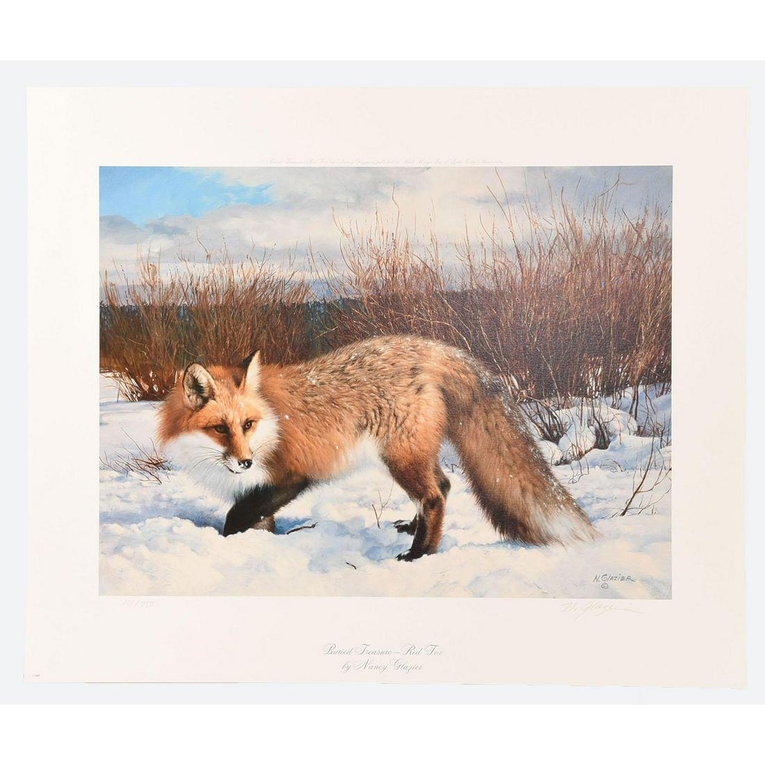 NANCY GLAZIER LIMITED EDITION ANIMAL FOX ART PRINT: Buried Treasure, Red Fox. Numbered, dated and artist signed. By American artist Nancy Glazier. Presented in a white protective folder. Artist: Nancy Glazier Issued: 1987 Dimensions: 20.75"H x 25"W Edi