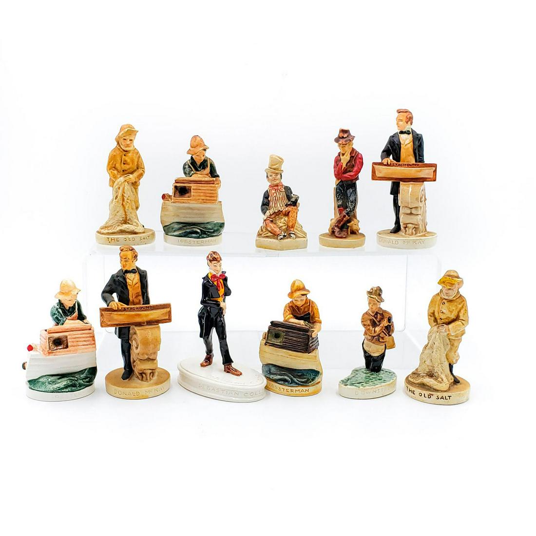 12 SEBASTIAN MINIATURE FIGURINES: Sam Weller, Farmer, Down Stream Fisherman, Old Salt and others. Hand decorated ceramic figurines. Issued: 20th c. Dimensions: 4"H, tallest Manufacturer: Sebastian miniatures