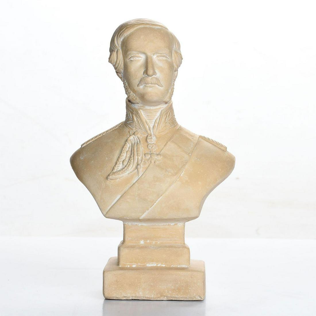 BISQUE BUST STATUE, PRINCE ALBERT OF SAXE COBURG: The Prince Consort of Queen Victoria in his British uniform. Edwardian bisque porcelain, with felt pads to base. Issued: c. 1920 Dimensions: 8.25"H Country of Origin: England