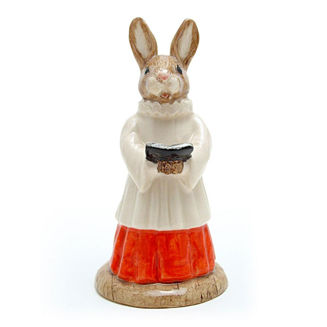 CHOIR SINGER DB223 - ROYAL DOULTON BUNNYKINS: Royal Doulton Bunnykins, Choir Singer Bunnykins DB223 (White, red, and black coloration). Designed by Martyn Alcock, issued 2001 - 2001. Size 4"H Artist: M. Alcock Issued: 2001 - 2001 Dimensions: 4"H 