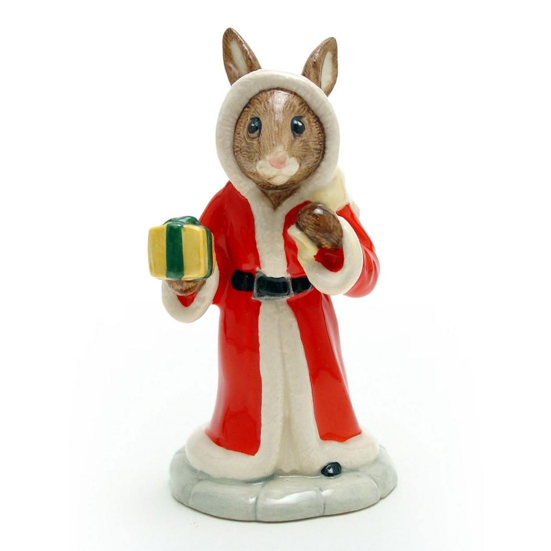 FATHER CHRISTMAS DB237 - ROYAL DOULTON BUNNYKINS: Royal Doulton Bunnykins, Father Christmas Bunnykins DB237 (red, white, yellow, green and black coloration). Designed by Warren Platt, issued 2000 in special edition of 2,500. Size 5"H Artist: W. Platt