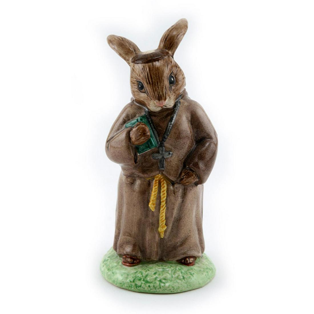 FRIAR TUCK DB246 - ROYAL DOULTON BUNNYKINS: Friar Tuck Bunnykins DB246 (brown, green, yellow and grey coloration). Designed by Martyn Alcock, issued 2001 - 2003. Size 4.5"H Artist: M. Alcock Issued: 2001 - 2003 Dimensions: 4.5"H Manufacturer: R