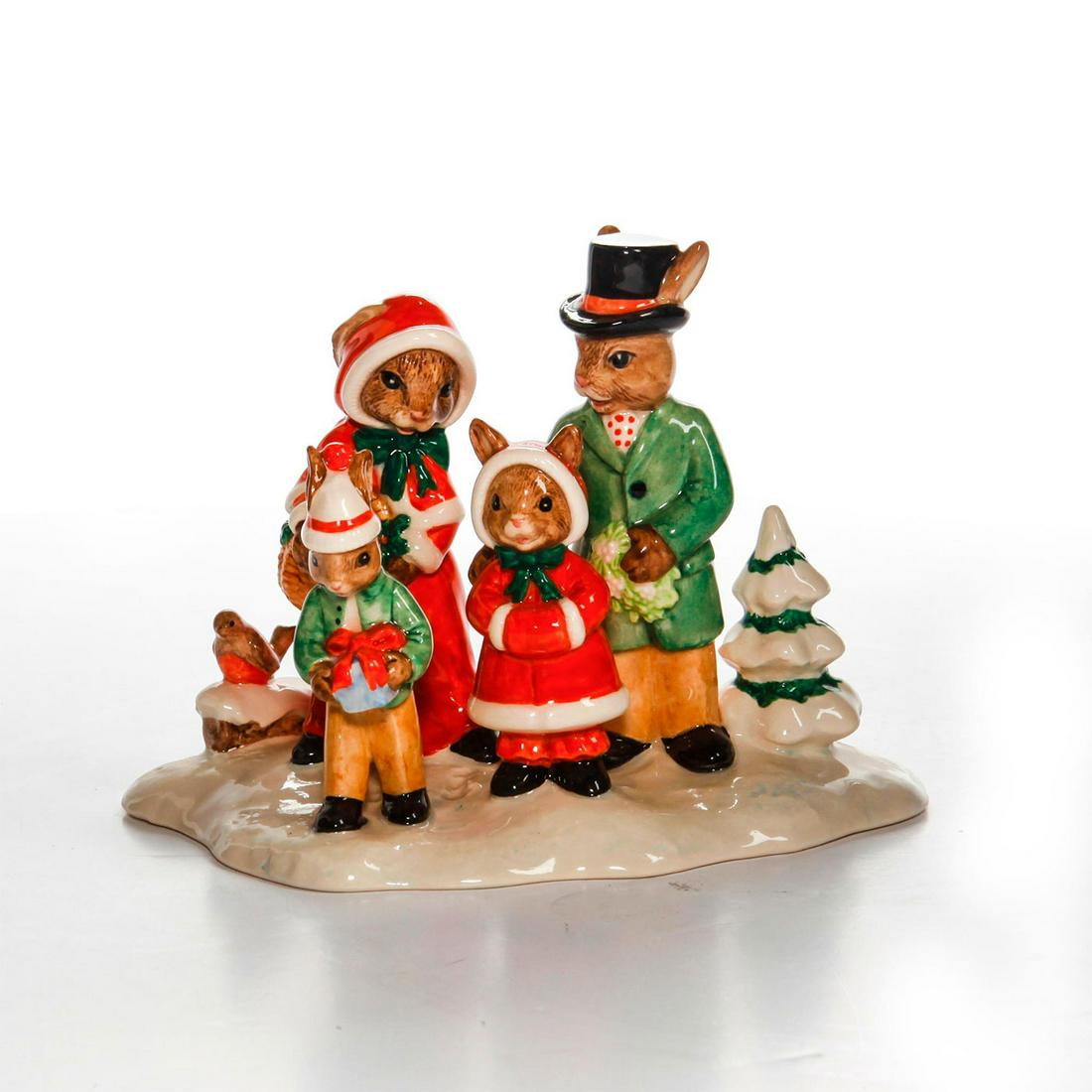 ROYAL DOULTON BUNNYKINS, MERRY CHRISTMAS TABLEAU DB194: Ltd. Ed. 135 of 2000. Bunnykins Millennium Commemoration. Doulton backstamp. Artist: C. Dadd Issued: 1999 Dimensions: 5"H Manufacturer: Royal Doulton Country of Origin: England