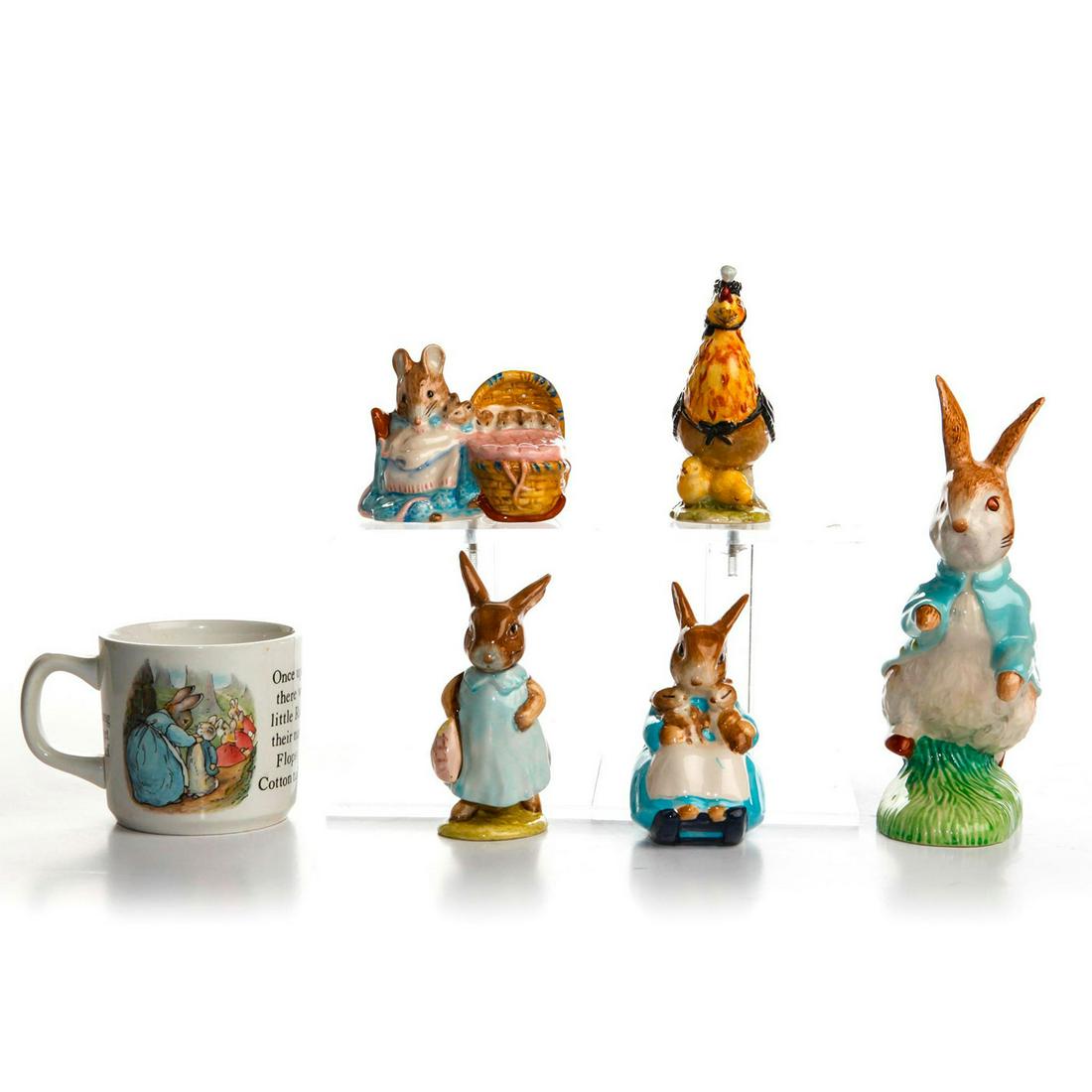 6 BEATRIX POTTER'S CERAMIC FIGURINES AND MUG: Includes Royal Albert and Beswick bone china. Stamped on bottom. Issued: 20th c. Dimensions: 7"H, tallest Country of Origin: England