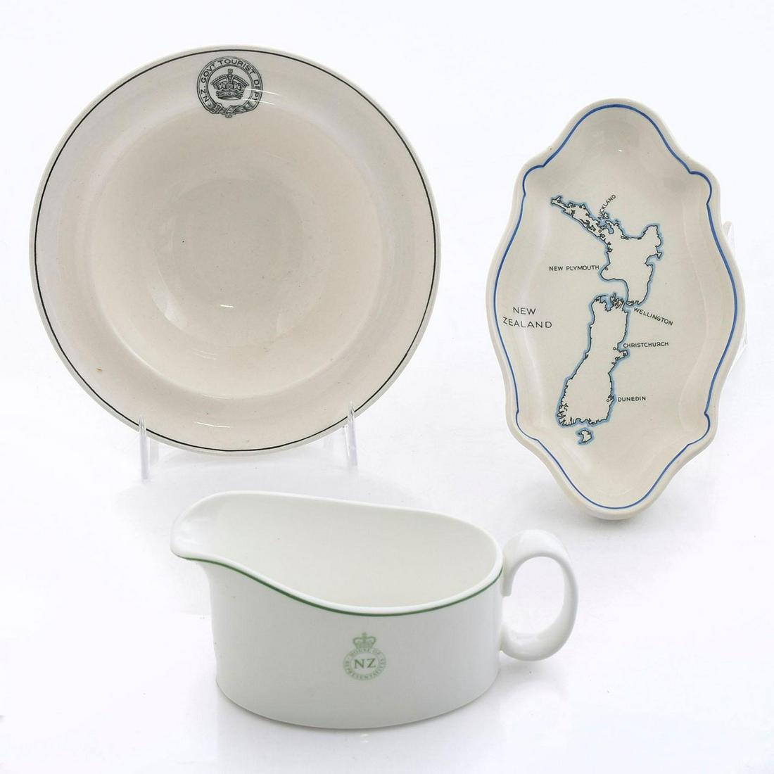 ROYAL DOULTON NEW ZEALAND TABLEWARE: New Zealand decorated. Bowl for New Zealand Tourist dept., gravy boat for New Zealand House of Rep., butter dish with the country printed on it. Issued: 20th C. Dimensions: 7"W Manufacturer: Royal Dou