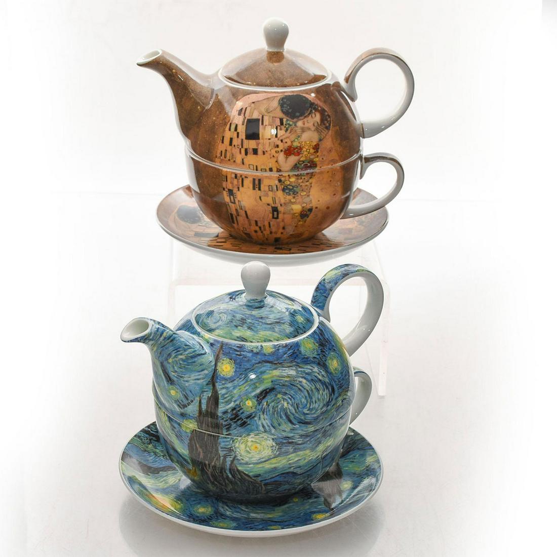 2 MCINTOSH FINE BONE CHINA TEA SETS: Gustav Klimt THE KISS, Vincent van Gogh STARRY NIGHT. New in box. Teapot converts into teacup. Issued: 21st c. Dimensions: 5.25"H, teapot Manufacturer: McIntosh Country of Origin: China