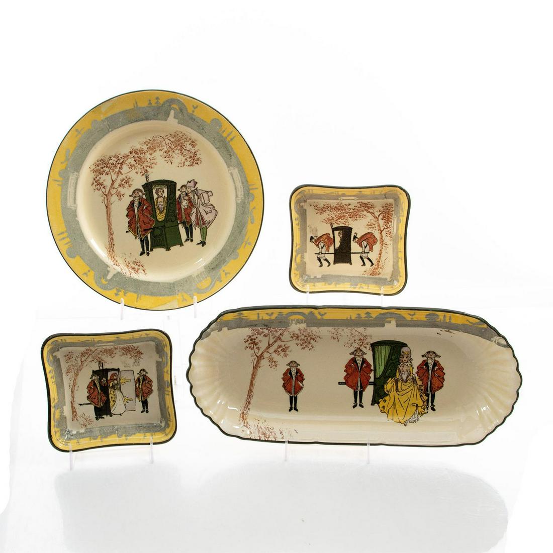4 ROYAL DOULTON SEDAN CHAIR SERIES TABLE SET: 1 plate, 2 square shaped bowls and serving sandwich tray. Doulton backstamps. Issued: 20th c. Dimensions: 13"W, largest Manufacturer: Royal Doulton Country of Origin: England