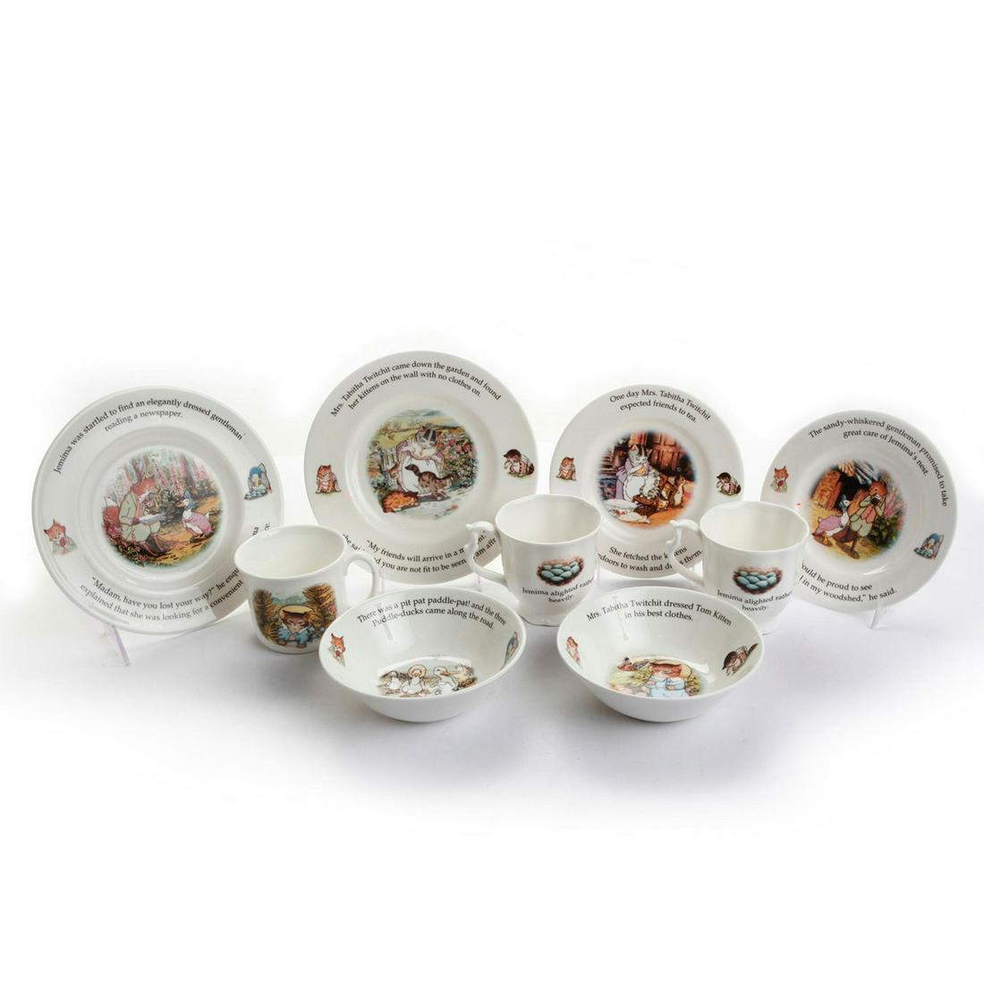 9 PC. ROYAL DOULTON BEATRIX POTTER DINNERWARE: 2 each- Bowls, tea cups w. saucers, salad plates; and 1 mug. Doulton backstamp. Issued: 1997 Dimensions: 8"W, largest Manufacturer: Royal Doulton Country of Origin: England