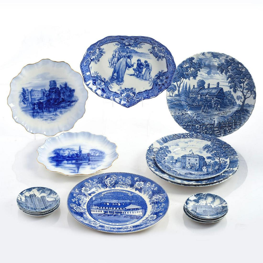 14 BLUE AND WHITE PLATES AND COASTERS: 6 coasters, 8 plates; various sizes and shapes. Issued: 20th c. Dimensions: 10.5"W, largest Manufacturer: Various