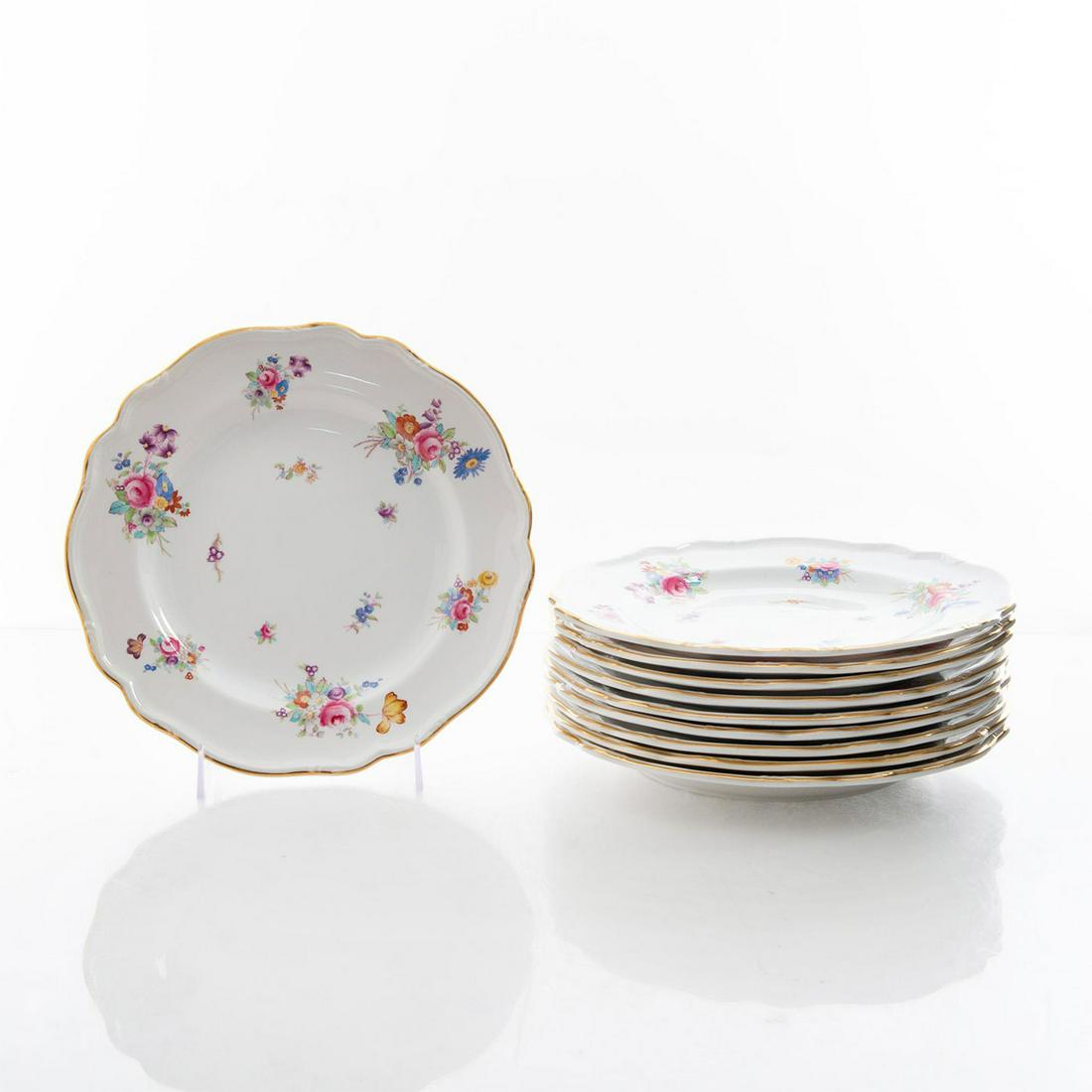 10 SPODE DRESDEN ROSE DINNER PLATES: Stylised floral design; scalloped gilded rim. Spode backstamp. Issued: 20th c. Dimensions: 10.75"D, each Manufacturer: Spode Country of Origin: England