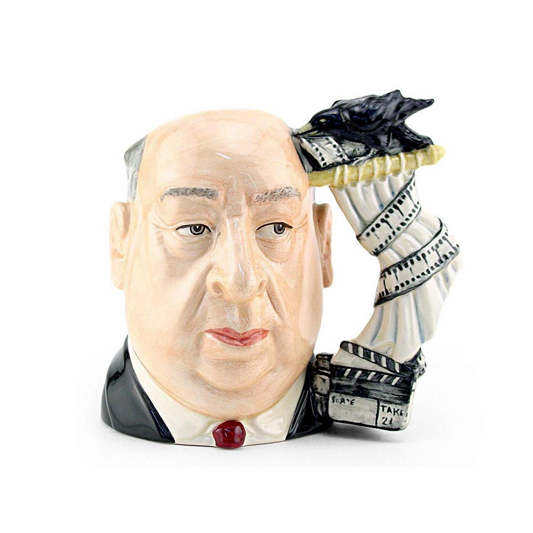 ALFRED HITCHCOCK D6987 - LARGE - ROYAL DOULTON: Alfred Hitchcock Blue D6987 (white shower curtain with blue shading). Designed by David B. Biggs. Issued 1995 - 1995. Size 7.5"H (Large)This jug commemorates the achievements of Alfred Hitchcock (1899