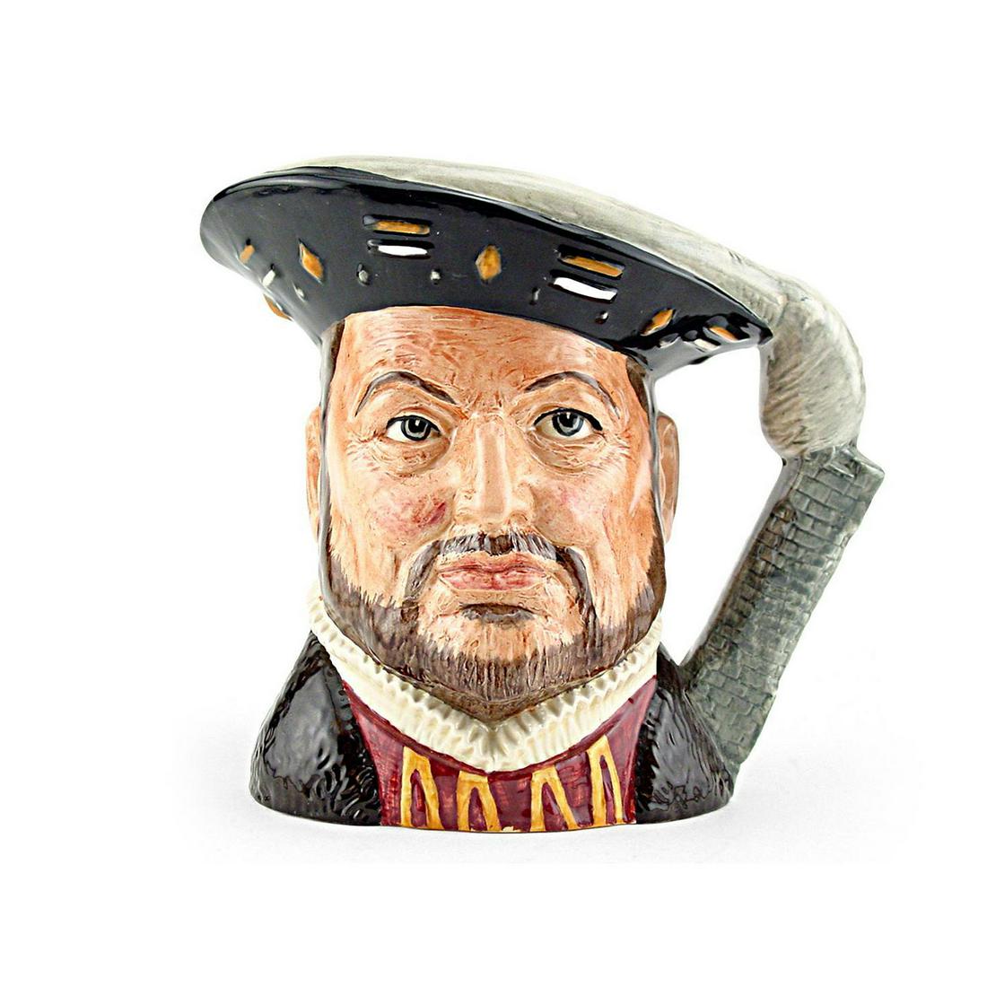HENRY VIII D6642 - LARGE - ROYAL DOULTON CHARACTER JUG: Henry VIII D6642 (black and gold hat, white plume, brown and maroon tunic). Designed by Eric Griffiths. Series: Henry VIII and His Six Wives; Royalty, issued 1975 - 2000. Size 6.5"H (Large)Henry VIII 