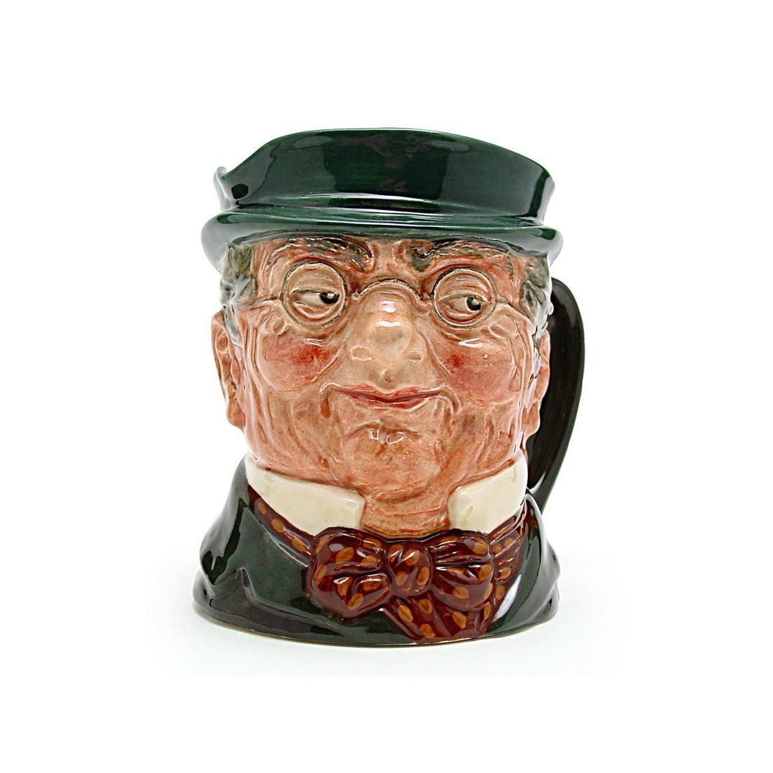 MR PICKWICK D6060 - LARGE - ROYAL DOULTON CHARACTER JUG: Mr. Pickwick D6060 (green hat and coat, maroon bow tie). Designed by Leslie Harradine and Harry Fenton. Series: Charles Dickens' Characters, issued 1940 - 1960. Size: 7"H (Large)Founder and chairman o