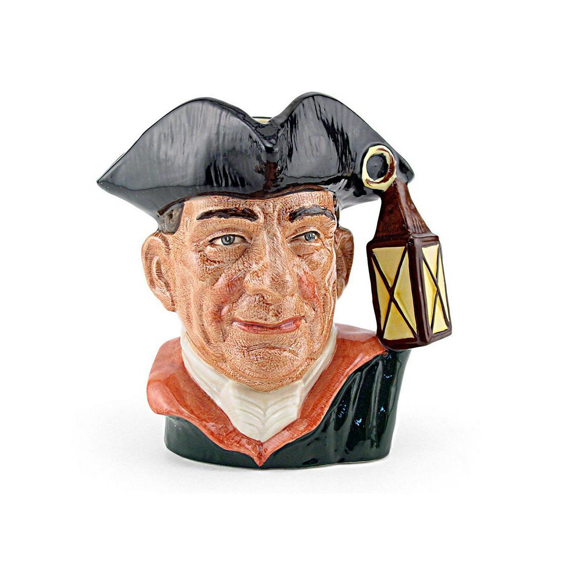 NIGHT WATCHMAN D6569 - LARGE - ROYAL DOULTON CHARACTER: Royal Doulton Character Jug, Night Watchman D6569 (black-purple tricorn and cloak). Designed by Max Henk. Series: Character from Williamsburg, issued 1963- 1983. Size: 7"H (Large) Manufacturer: Royal 