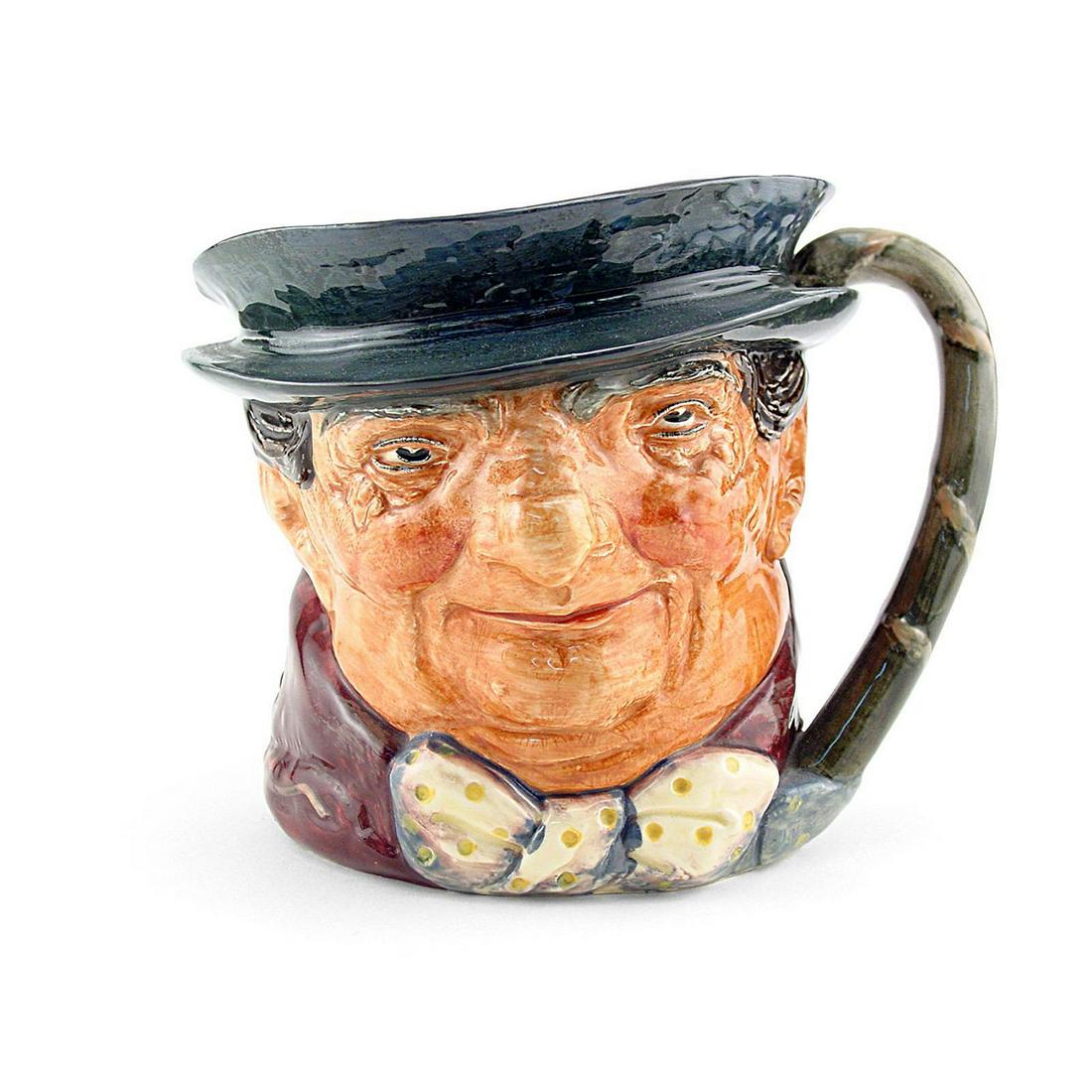 TONY WELLER EXTRA D5531 - LARGE - ROYAL DOULTON: Tony Weller Extra D5531 (dark grey hat, maroon coat, grey-white bow with yellow spots). Designed by Leslie Harradine and Harry Fenton. Series: Charles Dickens' Characters, issued 1936 - 1942. Size: 6.