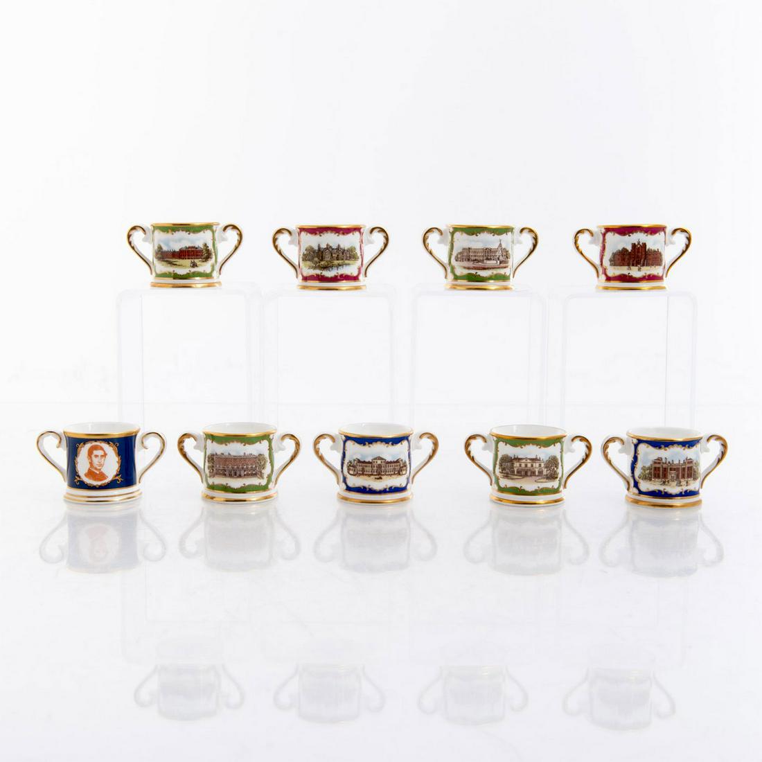 9 ROYAL DOULTON MINIATURE LOVING CUPS, BIRTHPLACES: Depicts residences where King or Queen born. HRH Prince Charles. York Cottage, Buckingham Palace, Marlborough House, Herrenhausen, Norfolk House, St. James Palace, Kensington Palace, White Lodge. Issu