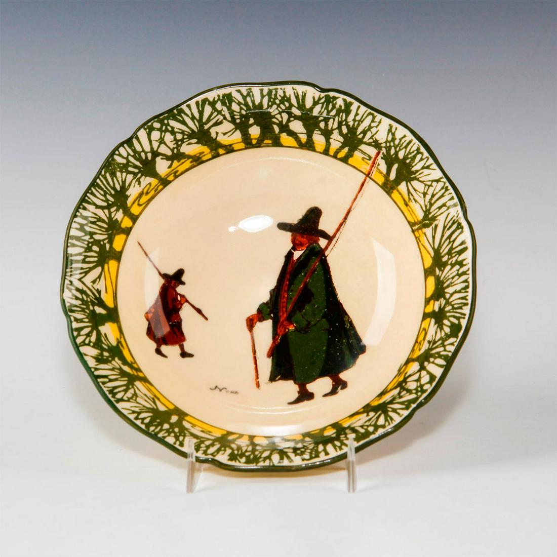 ROYAL DOULTON BOWL, ISAAC WALTON GALLANT FISHERS: Early 20th c. fishing themed bowl. Marked D2312. Depicts fisherman inspired by THE COMPLEAT ANGLER by Isaac (Izaak) Walton, first published in 1653. This bowl features two fishermen in the center of t