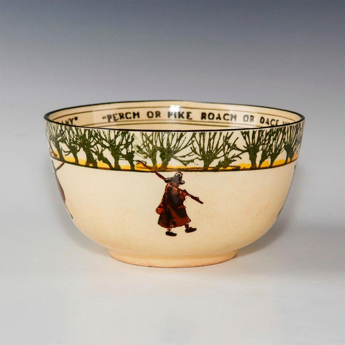ROYAL DOULTON BOWL, ISAAC WALTON GALLANT FISHERS: Early 20th c. fishing themed bowl. Marked D2312. Depicts fisherman inspired by THE COMPLEAT ANGLER by Isaac (Izaak) Walton, first published in 1653. This bowl features five fishermen around the outsid