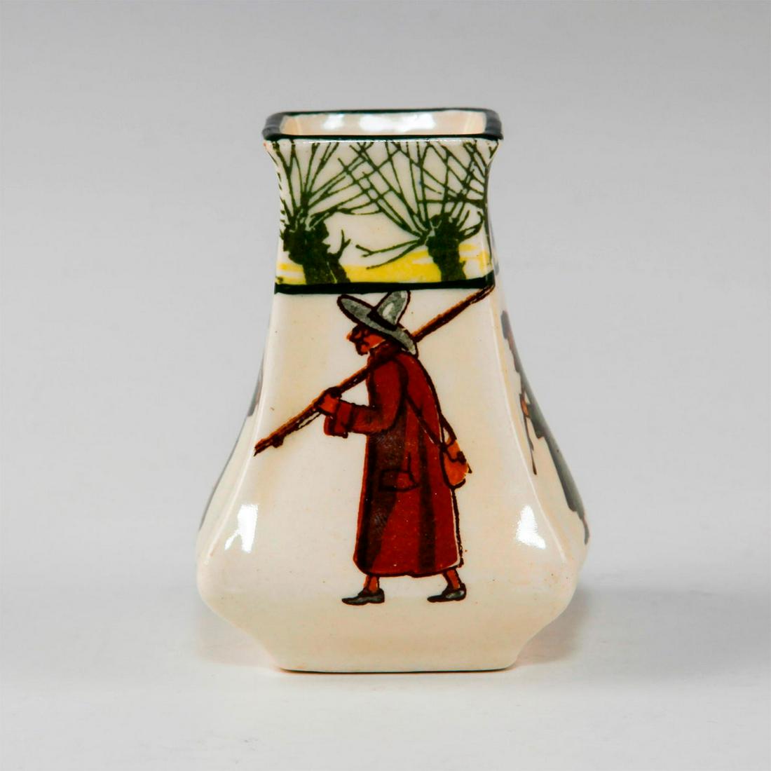 ROYAL DOULTON BUD VASE, ISAAC WALTON GALLANT FISHERS: Early 20th c. fishing themed bud vase. Depicts fisherman inspired by THE COMPLEAT ANGLER by Isaac (Izaak) Walton, first published in 1653. This miniature bud vase features a different fisherman on eac