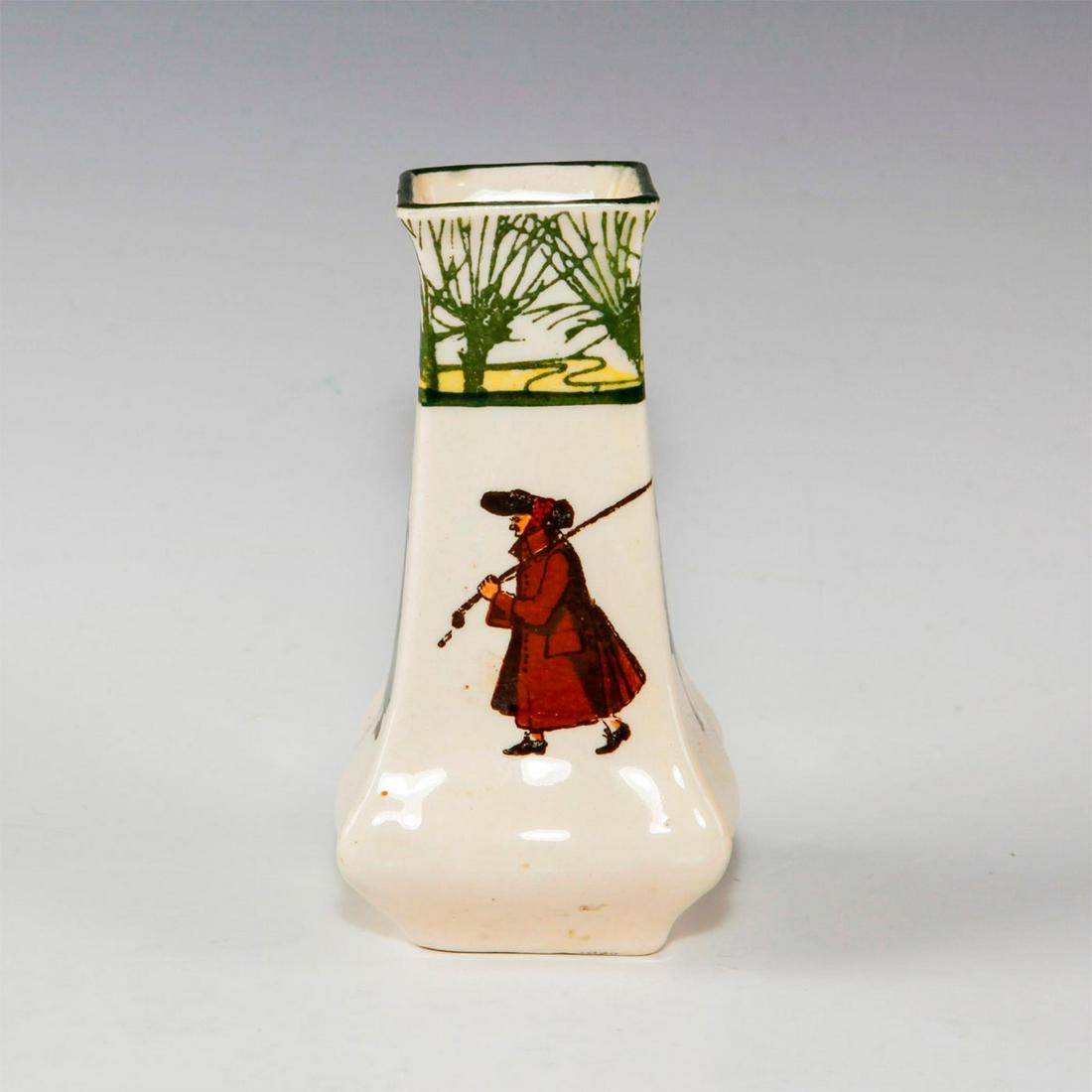 ROYAL DOULTON BUD VASE, ISAAC WALTON GALLANT FISHERS: Early 20th c. fishing themed bud vase. Depicts fisherman inspired by THE COMPLEAT ANGLER by Isaac (Izaak) Walton, first published in 1653. This miniature bud vase features a different fisherman on eac
