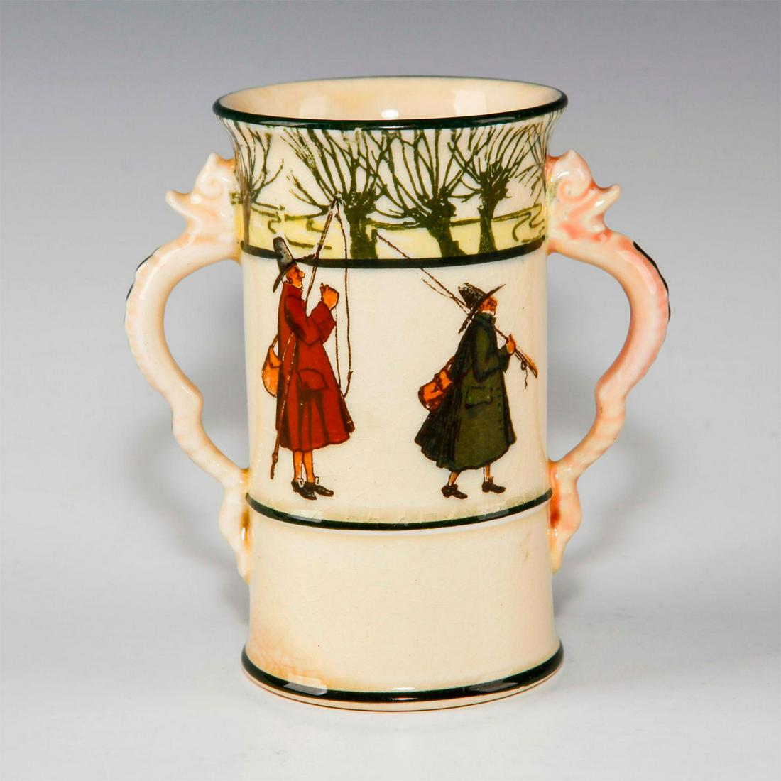 ROYAL DOULTON BUD VASE, ISAAC WALTON GALLANT FISHERS: Early 20th c. fishing themed bud vase. Marked 6929. Depicts fisherman inspired by THE COMPLEAT ANGLER by Isaac (Izaak) Walton, first published in 1653. This bud vase features four fishermen with a wil