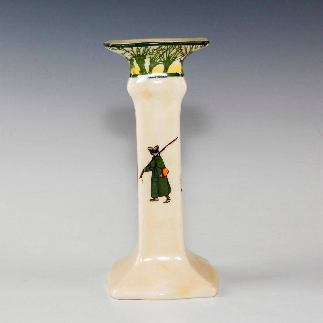 ROYAL DOULTON CANDLESTICK, ISAAC WALTON GALLANT FISHERS: Early 20th c. fishing themed candlestick. Depicts fisherman inspired by THE COMPLEAT ANGLER by Isaac (Izaak) Walton, first published in 1653. This candlestick features four fishermen under a willow tr