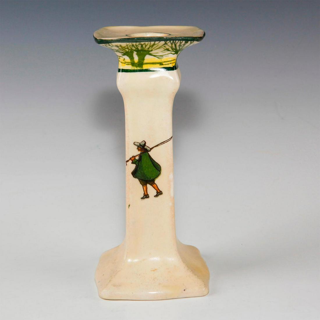 ROYAL DOULTON CANDLESTICK, ISAAC WALTON GALLANT FISHERS: Early 20th c. fishing themed candlestick. Depicts fisherman inspired by THE COMPLEAT ANGLER by Isaac (Izaak) Walton, first published in 1653. This candlestick features four fishermen under a willow tr
