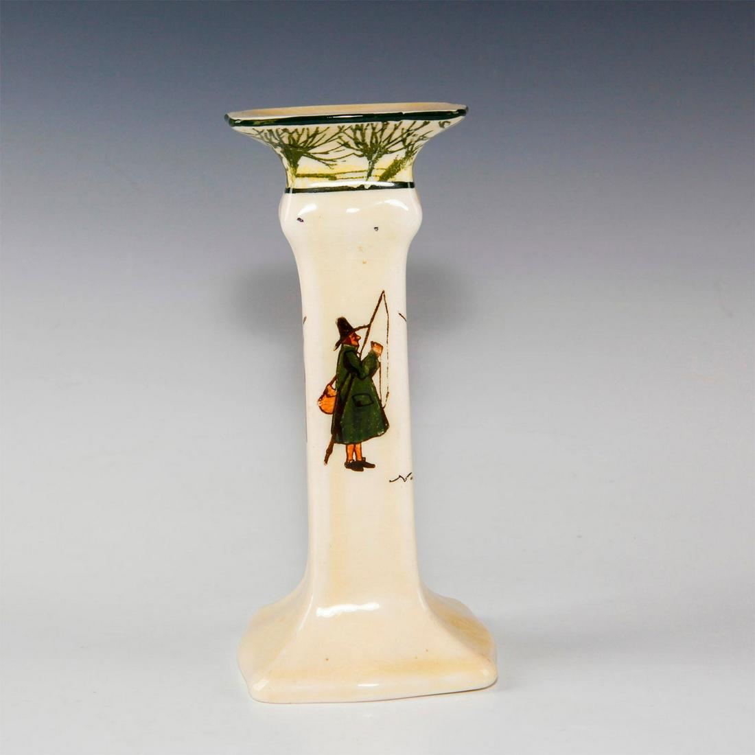 ROYAL DOULTON CANDLESTICK, ISAAC WALTON GALLANT FISHERS: Early 20th c. fishing themed candlestick. Depicts fisherman inspired by THE COMPLEAT ANGLER by Isaac (Izaak) Walton, first published in 1653. This candlestick features four fishermen under a willow tr