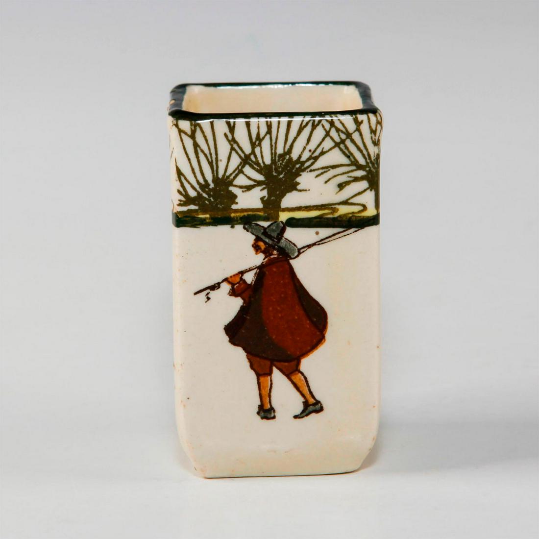 ROYAL DOULTON MINI VASE, ISAAC WALTON GALLANT FISHERS: Early 20th c. fishing themed miniature vase. Depicts fisherman inspired by THE COMPLEAT ANGLER by Isaac (Izaak) Walton, first published in 1653. This miniature vase features one fisherman on each side