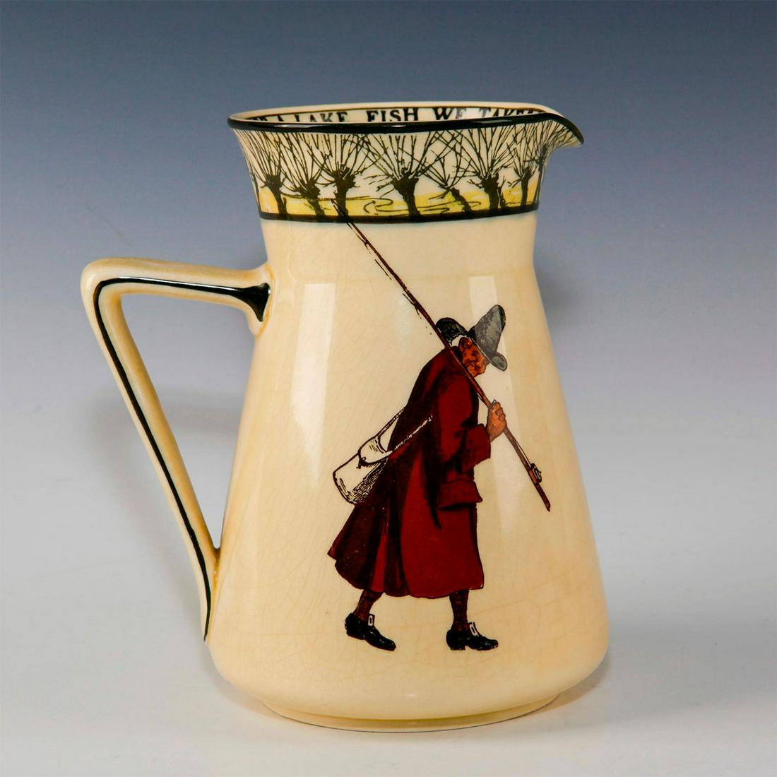 ROYAL DOULTON PITCHER, ISAAC WALTON GALLANT FISHERS: Early 20th c. fishing themed pitcher. Depicts fisherman inspired by THE COMPLEAT ANGLER by Isaac (Izaak) Walton, first published in 1653. This pitcher features three fishermen under a willow tree bord