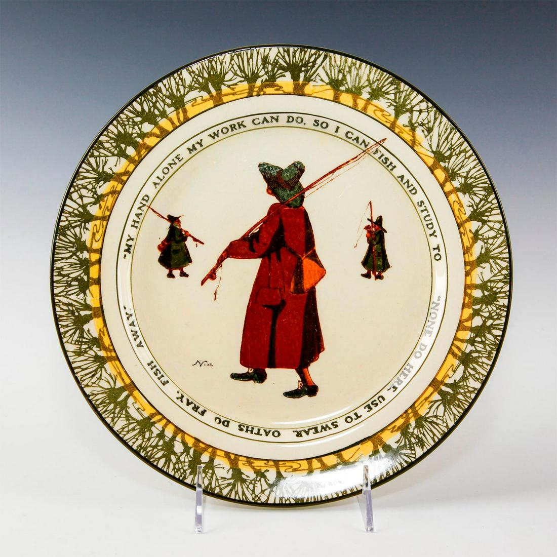 ROYAL DOULTON PLATE, ISAAC WALTON GALLANT FISHERS: Early 20th c. fishing themed plate. Marked 2312D2. Depicts fisherman inspired by THE COMPLEAT ANGLER by Isaac (Izaak) Walton, first published in 1653, and features song and verse excerpts about the jo