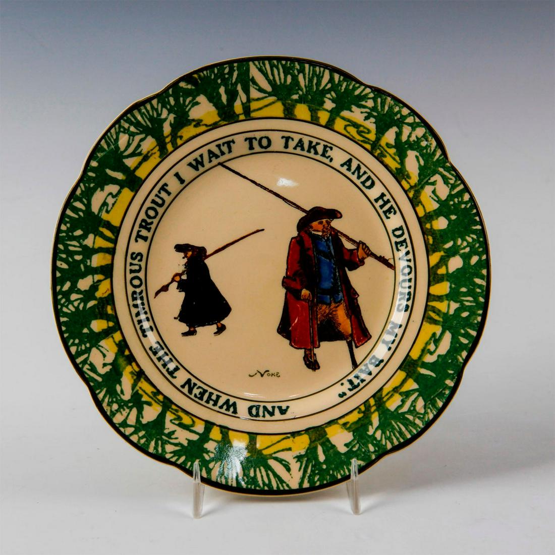 ROYAL DOULTON SMALL PLATE, ISAAC WALTON GALLANT FISHERS: Early 20th c. fishing themed small plate with scalloped edge. Depicts fisherman inspired by THE COMPLEAT ANGLER by Isaac (Izaak) Walton, first published in 1653, and features song and verse excerpts a
