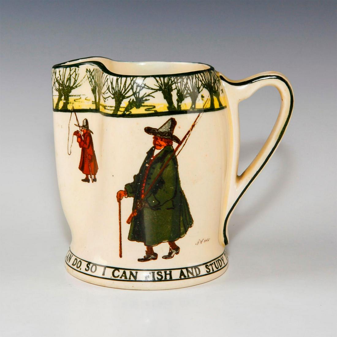 ROYAL DOULTON SMALL PITCHER, GALLANT FISHERS: Early 20th c. fishing themed pitcher. Depicts fisherman inspired by THE COMPLEAT ANGLER by Isaac (Izaak) Walton, first published in 1653. This pitcher features three fishermen under a willow tree bord