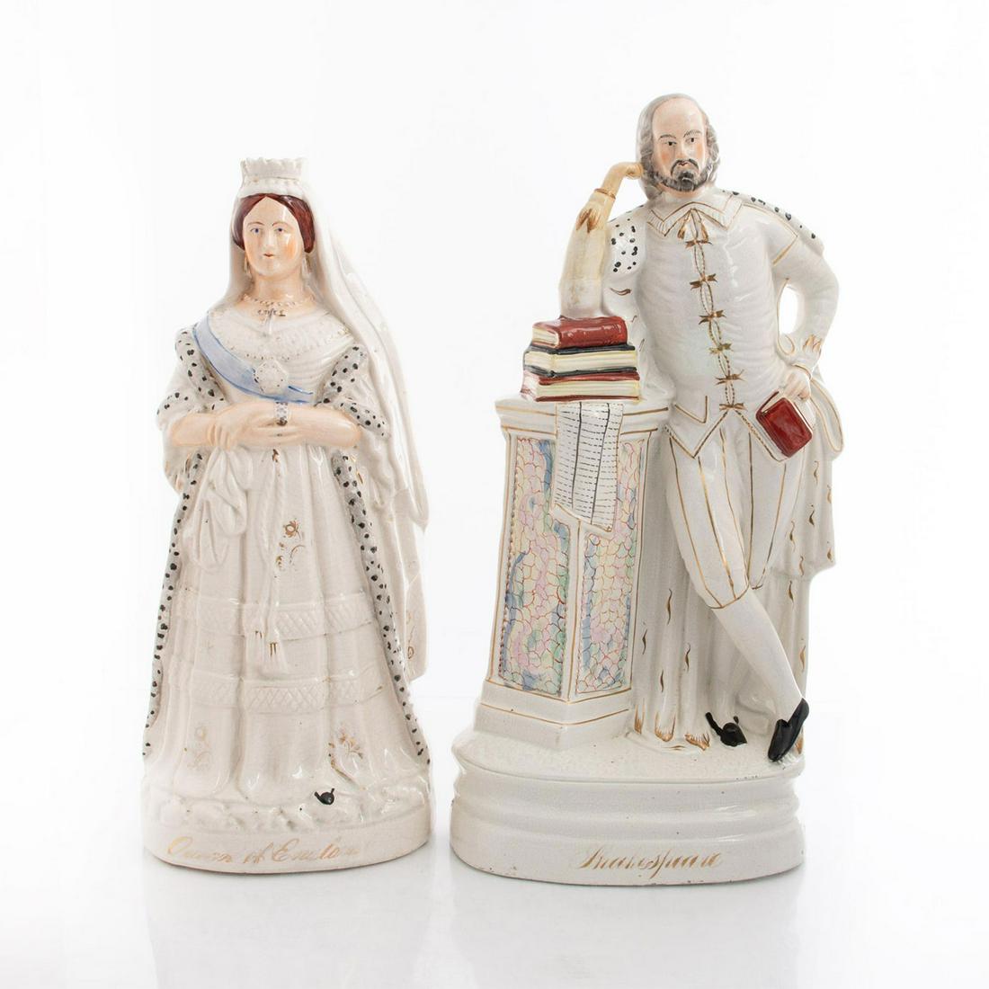 2 ENGLISH STAFFORDSHIRE POTTERY FIGURES, QUEEN AND BARD: Naive decoration, gilt accent. Named at base. Issued: 19th c. Dimensions: 18.5"H, tallest Country of Origin: England