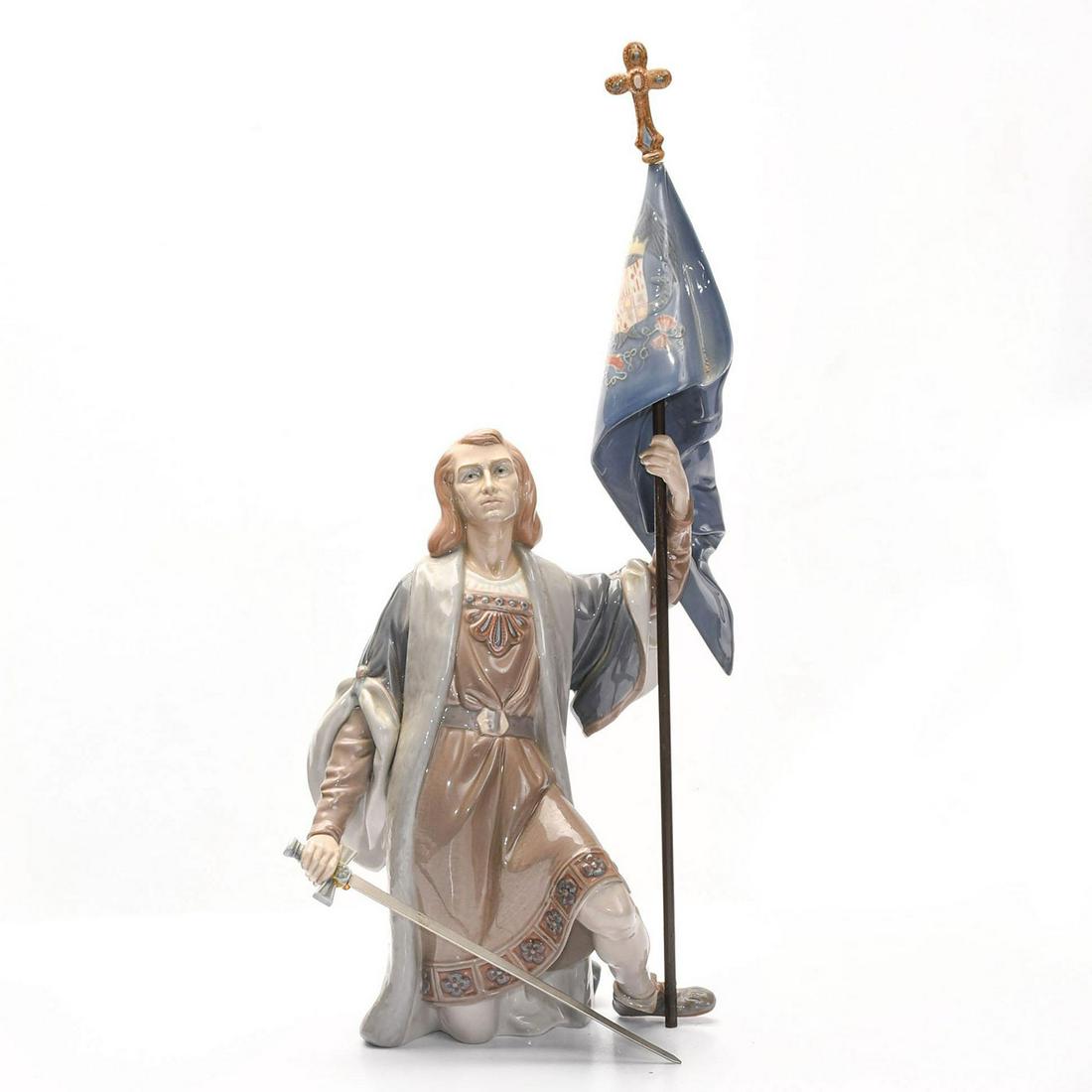 LLADRO FIGURINE, COLUMBUS DISCOVERY: Columbus kneeling with sword and flag. Ltd edition 470 0f 4000. Artist signature on the underside. Artist: Salvador Furio Issued: 1986 Dimensions: 14.25"H Manufacturer: Lladro Country of Origin: Spain