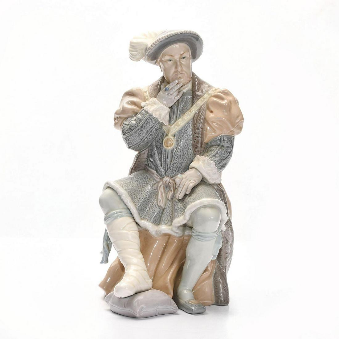 LLADRO FIGURINE, KING HENRY VIII 01001384: Porcelain; seated Henry VIII. Artist signature on underside. Lladro backstamp. Artist: Salvador Furio Issued: c. 1978 Dimensions: 12.5"H Manufacturer: Lladro Country of Origin: Spain