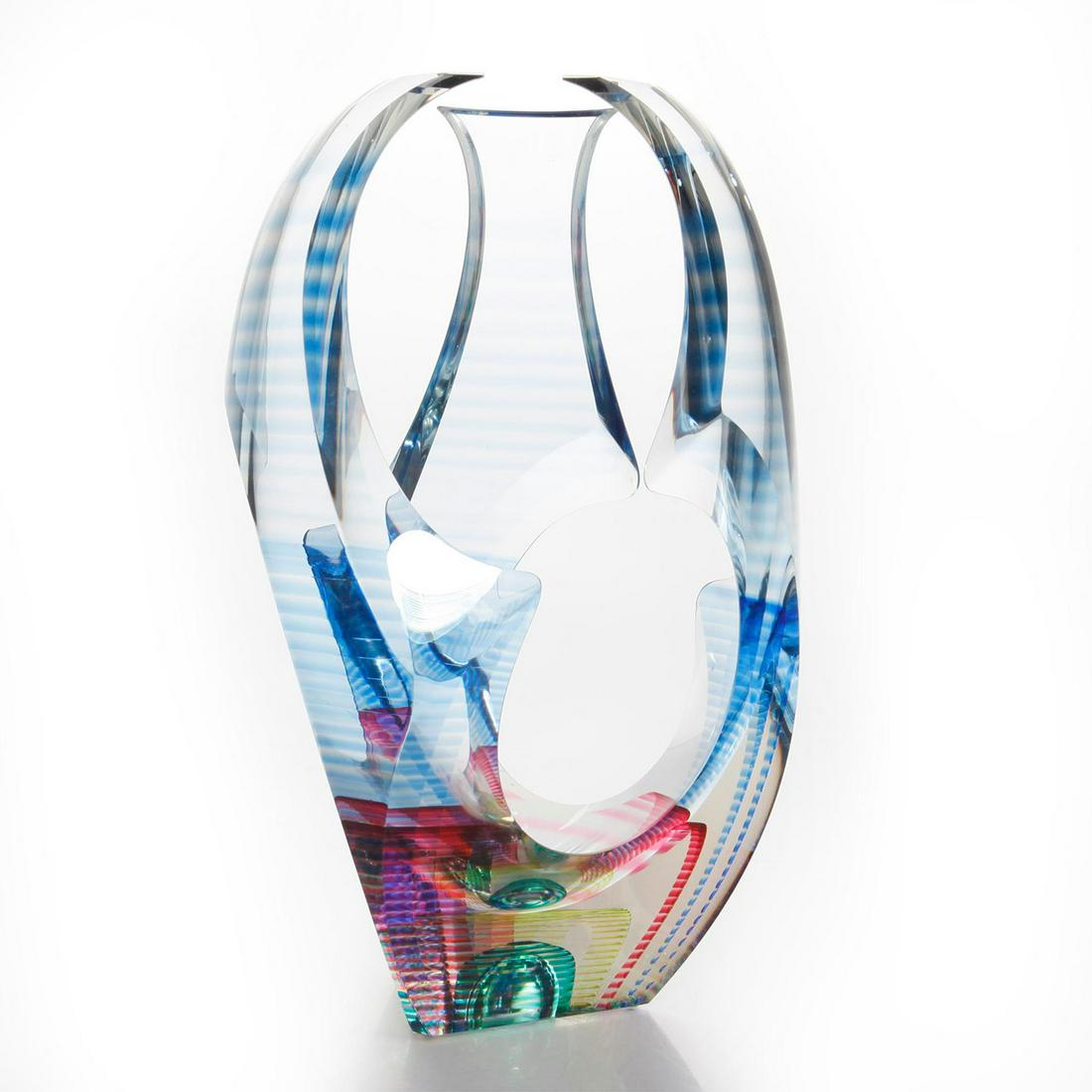 MICHAEL DAVID AND KIT KARBLER ART GLASS SCULPTURE: Contemporary layered glass design. Signed to bottom. Artist: Michael David, Kit Karbler Issued: c. 1990s Dimensions: 8.5"L x 8.5"W x 14.5"H Country of Origin: United States