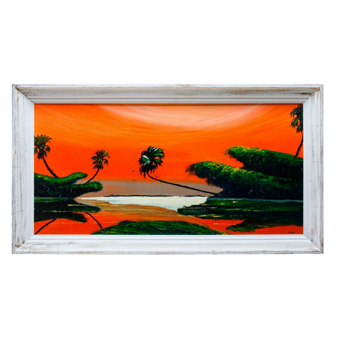 RODNEY DEMPS FLORIDA HIGHWAYMAN OIL ON BOARD PAINTING: Florida coastal landscape at sunset. Signed to bottom right. Born November 9, 1953, in Fort Pierce, Florida, Demps attended public schools in St. Lucie County, graduating from Fort Pierce Central High